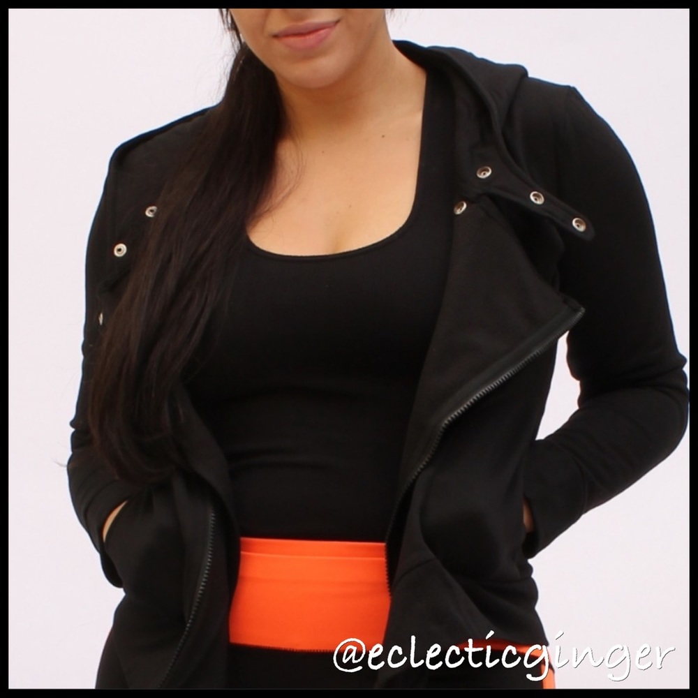Black side zip up hooded moto jacket M L XL - Picture 2 of 4